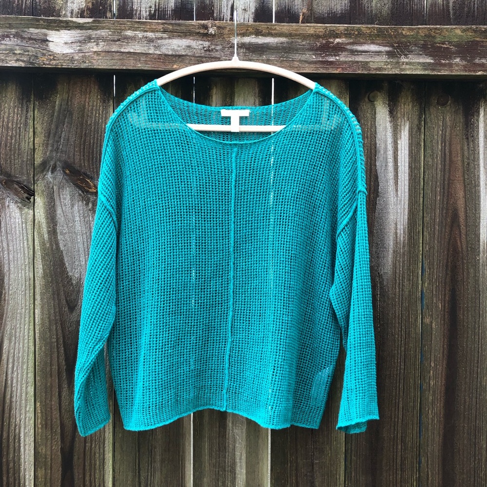 Eileen Fisher 100% Organic Linen Open Weave Top Size S Turquoise 3/4 Sleeve
